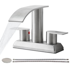 Brushed Nickel Waterfall Bathroom Faucet,2 Handle Stainless Steel 4 inch Bathroom Sink Faucet Modern Waterfall Spout Faucet Lead-Free Bathroom Sink Faucet with Supply Hoses and Pop-up Drain