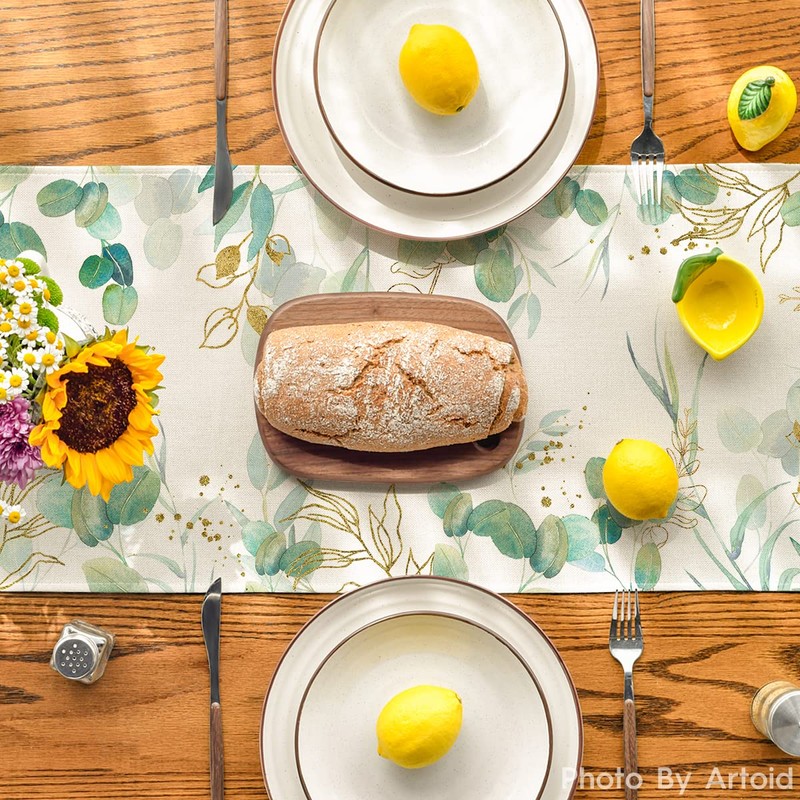 Artoid Mode Beige Greenery Eucalyptus Summer Table Runner, Spring Seasonal
