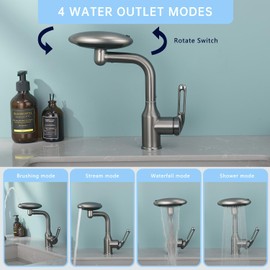 ICREEH Bathroom Sink Faucet 1 Hole, Gunmetal Grey Multifunctional Basin Faucet with 4 Water Outlet Modes, Modern 360°Rotatable Bar Tap with Two Water Supply Pipes