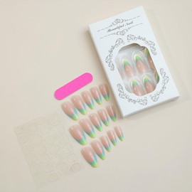 ANDGING Almond French Tip Press on Nails Neon Medium Length Fake Nail with fake Acrylic Short fake on Nail with Designs Aesthetic Gel Manicure False Stick ons Nail for Girls Wedding