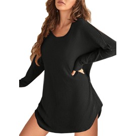 Ekouaer Womens Nightgown Waffle Knit Long Sleeve Nightgown Sleep shirts Night Dress for Women Black XXL