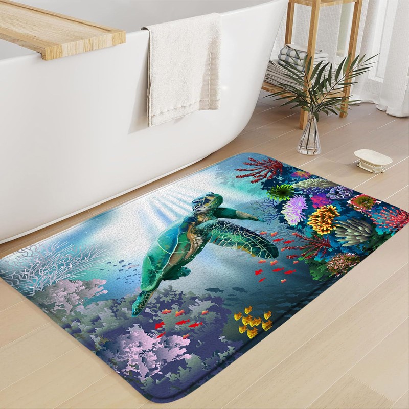 ZKJSMGS Ocean Turtle Bath Rug,Sea Animal Coral Seaweed Underwater Tropical