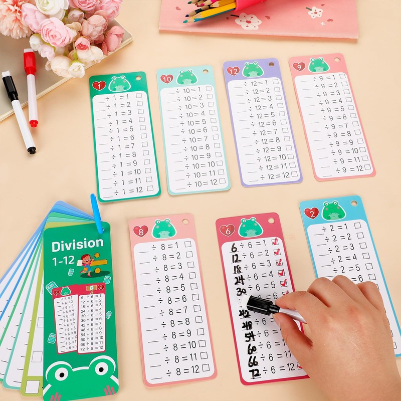 15Pcs Division Flash Cards, Division Chart 1-12 with 2 Dry