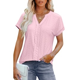Hot Weather Clothes Cute Tops for Women Summer Outfits Business Casual Eyelet Short Sleeve Blouse Beach Wear Pink Ladies Spring L