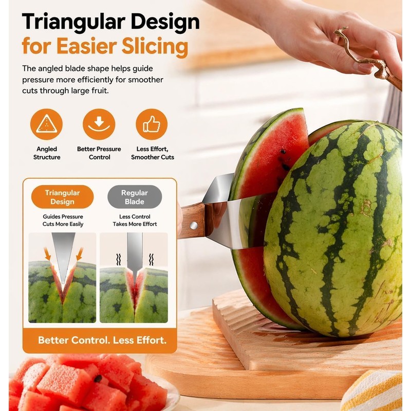 Triangle Watermelon Cutter, 430 Stainless Steel Slicer Tool with Wooden