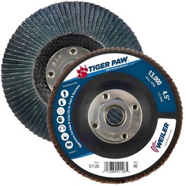 Weiler 51126 4-1/2" Tiger Paw Abrasive Flap Disc, Conical (Ty29), Phenolic Backing, 80Z, 5/8"-11 Unc Nut (Pack of 10)