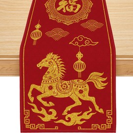 Chinese New Year Table Runner, Zodiac Horse Red Gold 2026 Happy Lunar New Year Table Runner Seasonal Spring Festival Home Party Kitchen Dining Table Decoration 13x72 Inch