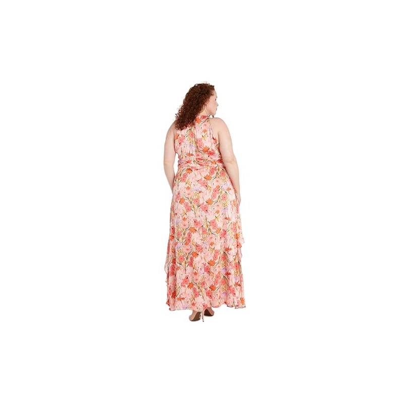 R&M Richards Women's Bright Floral Satin Peplum Halter Maxi Dress
