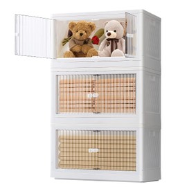 EHAMILY Stackable Storage Bins with Lids Set 3 Pack,19 Gal Clear Plastic Folding Storage Box with Wheel,Large Foldable Collapsible Bin Open Front Door,Closet Organizer for Dormroom Clothes,White