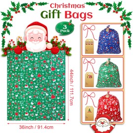 NEWMIAO 3 Pcs Large Christmas Gift Bags, Big Gift Bags for Huge Gifts, 36" x 44" Jumbo Xmas Wrapping Bags for Presents, Holiday Gift Bags Plastic Santa Bag Giant Christmas Sacks