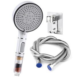 Duschkopf mit Schlauch 2M und Halterung, Duschkopf wassersparend mit 5 Strahlarten, 4-Lagen-Filtration und Wasserstoppschalter, Duschbrause 120mm Durchmesser