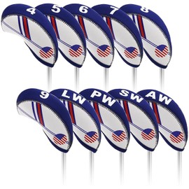 10 Pcs Golf Headcovers Iron Covers for Irons 4 5 6 7 8 9 PW AW SW # LW with Handle Neoprene Stretch USA American Flag