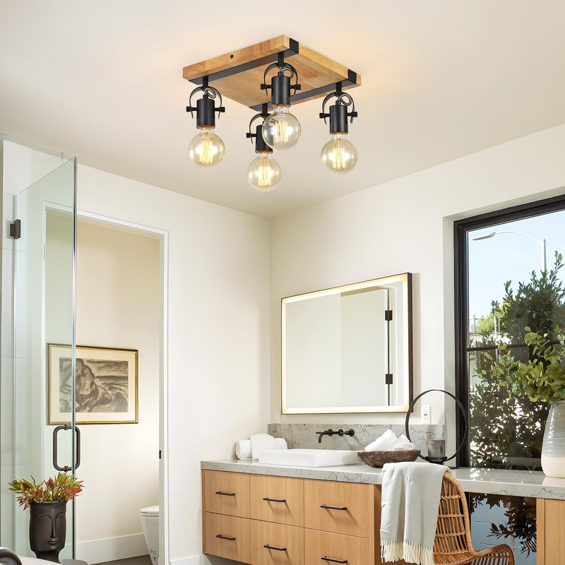 SEEBLEN Farmhouse Wooden Flush Mount Ceiling Lamp,4-Light Directional Ceiling Spotlight