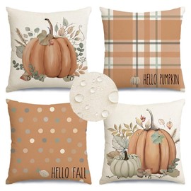 RABUSOFA Fall Outdoor Pillows Waterproof,Fall Pillow Covers 18x18 Set of 4,Hello Pumpkin Hello Fall Pillows Decorative Throw Pillows,Polka Dot Autumn Thanksgiving Eucalyptus Cushion Covers Orange