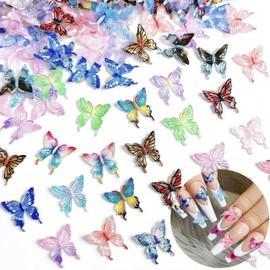 60PCS Colorful Butterfly Nail Art Charms 3D Ice Clear Powder Butterfly Mixed Spring Summer Cut Butterflies Diamond Nail Jewelry Tiny Nail Design for Women Manicure Supplies