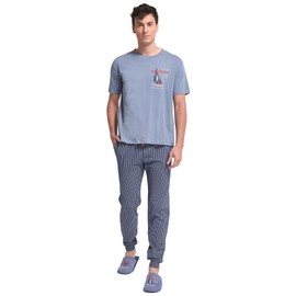 SORBETTO Men's Fashion Pyjamas Long Pyjamas or Short Shorty Cotton Pyjamas, Short sleeve light blue maritime, L