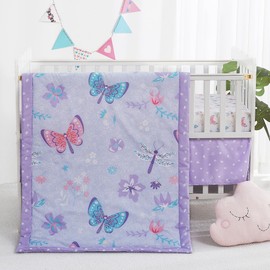 lasoftan 3 Piece Baby Crib Bedding Set, Infant Nursery Bed Set Decor with Quilt + Fitted Crib Sheet + Skirt, Baby Bedding Set Breathable and Soft for Baby Boy and Girl - Purple Butterfly