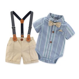 Hresadio - Conjunto de ropa para bebé y niño, trajes de caballero, traje de vestido para niños pequeños, con pajarita + tirantes y pantalones cortos para boda, Azul, 6-9Meses