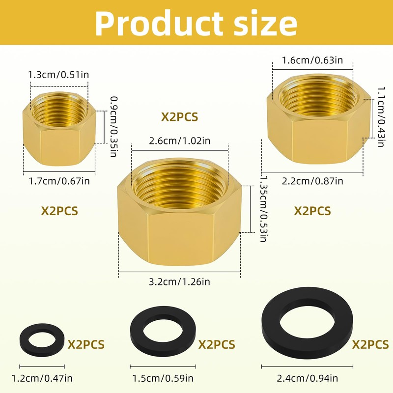 6 PCS Brass Pipe Caps with Rubber Gaskets - Hex