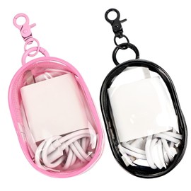 Foweroty PVC Storage Bag for Organizing Data Cables, Chargers, Earphone, Earbud, Keys, Change, Camera Chips, Portable Transparent Storage Pouch, Multi-Functional Storage Box (2 pcs Black + Pink)