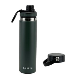 Auryu 24oz Triple Wall Insulated Stainless Steel Water Bottle – Leak Proof Sports Thermos with Bonus Spout Lid – Wide Mouth, BPA-Free, Hot & Cold, Travel Gym Hiking Flask – Olive Green