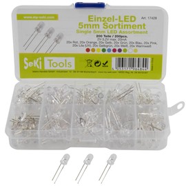 SeKi LED Assortment with 200 Pieces 5 mm LEDs - 10 Values; Red, Orange, Yellow, Green, Blue, Pink, Purple (UV), Yellow Green, White, Warm White - Super Bright