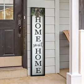 Welcome Sign for Front Porch Decor - Charming Home Sweet Home Sign, 40"x 9" Large Vertical Tall Wood Framed Modern Rustic Farmhouse (Black)