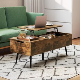 Tangkula Lift Top Coffee Table, Mid Century Modern Center Table with Split Top & 2 Hidden Compartments, Rectangle Accent Table with Tapered Metal Legs for Living Room (Rustic Brown)
