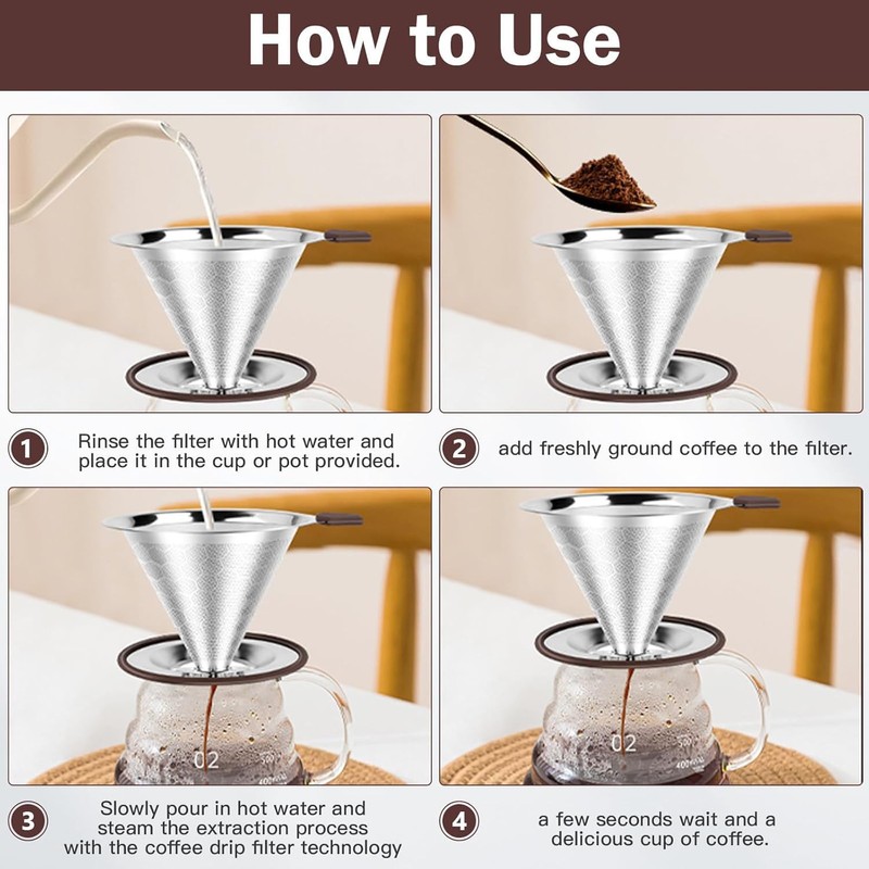 Permanent Coffee Filter, Stainless Steel, Paper-Free Coffee Filter, Ideal Coffee