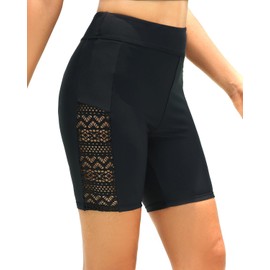 Holipick Women Black 7" Swim Shorts High Waisted Boy Shorts Swimsuits Tummy Control Bathing Suit Shorts Lace Swim Bottoms XL