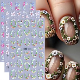 Flower Nail Art Stickers Decals 3PCS 5D Self-Adhesive Spring Floral Stickers for Nails Colorful Daisy Rose Ring White Flowers Nail Design Stickers Acrylic Nail Art Supplies for Women Nail Art Charms