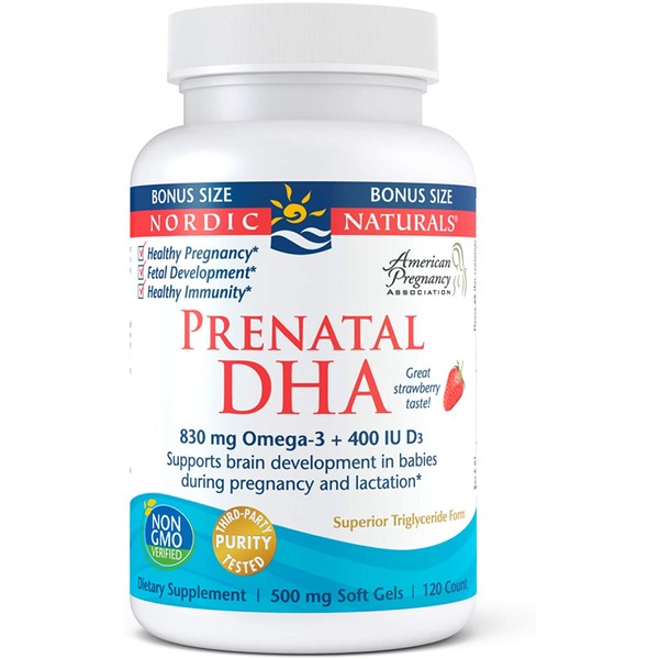 Nordic Naturals Prenatal DHA, Strawberry - 830 mg Omega-3 + 400 IU Vitamin D3-120 Soft Gels - Supports Brain Development in Babies During Pregnancy & Lactation - Non-GMO - 60 Servings