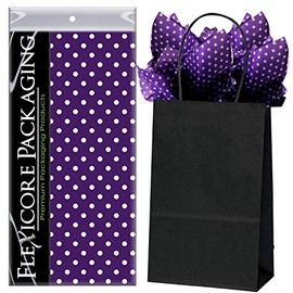 Flexicore Packaging Black Kraft Paper Gift Bags & Purple Gift Wrap Tissue Paper | Size: 5.25 Inch X 3.25 Inch X 8.25 Inch | Count: 50 Bags | Color: Purple Polka Dot