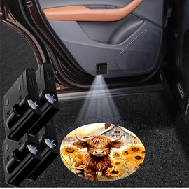 LMZLJZ 4PCS Car Door Lights,Sunflower Highland Cow Door Lights Logo Projector LED Shadow Welcome Lamp,Car Accessories Sunflower Cow Gifts for Men Women,Suitable for All Vehicles Motorcycle Bike