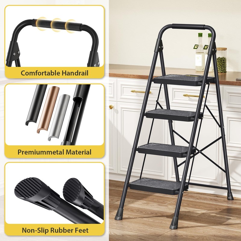 KINGRACK 4 Step Ladder, Sturdy Steel Step Stool with Anti-Slip
