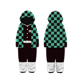 Loesoul Adult Unisex Onesie Pajamas Cosplay Costume Kimetsu No Yaiba Hooded Sleepwear Kamado Tanjirou Jumpsuit