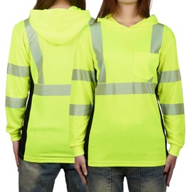 Safety Reflective Shirts for Women ANSI Class 2 Hi Vis Long Sleeve High Visibility Work T Shirts with Hood, 1 Pack Yellow