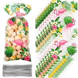 Geyee 100 Pieces Flamingo Cellophane Goodie Bags Hawaiian Tropical Treat Bags with 100 Silver Twist Ties Pineapple Palm Tree Flamingos Party Decorations