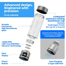 Upgrade Hydrogen Water Bottle Generator Portable – 6th Gen Advanced – 3000 PPB, SPE/PEM Tech Hydrogen-Oxygen Separation & Self-Cleaning Backwash Mode, for Athletic, Travel, Fitness, Work (14oz, Grey)