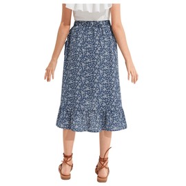 OYOANGLE Falda midi de gasa con estampado floral y dobladillo asimétrico elástica de cintura alta para niña, Azul (Dusty Blue), 8 Años