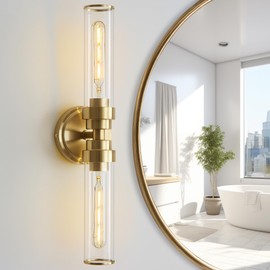 Vaziden Bathroom Light Fixtures, Gold Wall Sconce in Clear Glass Vanity Lights, Modern Bathroom Vanity Light Up and Down Sconces Wall Lighting for Living Room, Hallway, Bedroom - Bulb Not Included