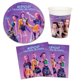 Set Stoviglie K-pop Demon Hunters per 8 Persone, Kit Festa Compleanno, 8 Piatti 23 cm, 20 Tovaglioli 33×33 cm, 8 Bicchieri 200 ml (36 Pezzi)
