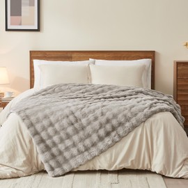 L'AGRATY Faux Rabbit Fur Blanket: 60" x 80" Twin Luxury Soft Fluffy Thick Fur Throw Blanket for Couch Bed Sofa - Cozy Plush Bubble Blankets for Winter: Flannel Fleece Decorative Blanket(Castle Grey)