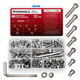 132 Piece M8 Screws Set, Stainless Steel Cylinder Screws with Hexagon Socket Screws Nuts Set with Washers Set, Hex Screws Machine Screws Assortment, Threaded Screws Set