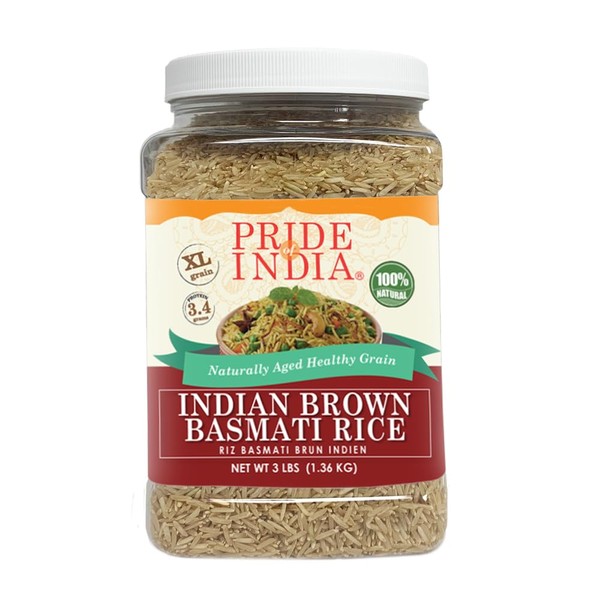 Pride Of India - Extra Long Brown Basmati Rice - Naturally Aged Healthy Grain, 3 lbs Jar
