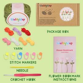 WaldyWop WaldyWop Crochet Kit for Beginners - 8 Flower Bookmarks Crocheting Kit w/Step-by-Step Video Tutorials & Soft Yarn and Hooks - Wobbles Crochet Starter Kit for Adults Kids, Birthday Gifts for Women