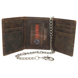 RFID Blocking Men's Chain Biker Vintage Genuine Leather Slim Trifold Wallet (Logo Brown With Chain)