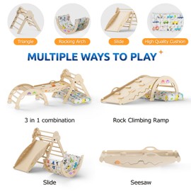 Pikler Triangle Set with Cushion 9 in 1 Foldable Montessori Climbing Toys for Toddlers 1-3 Indoor Wooden Kids Playground Baby Climbing Toys with Maze Toys, Shape Sorter Toys, Car Toys