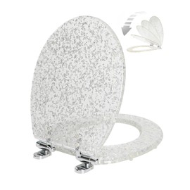 Resin Toilet Seat Round with Easy Clean Adjustable Hinges, Soft Close Quick Release Heavy Duty Silver Glitter Cover Acrylic Toilet Seats (Round 17 Inch, Silver Foil, Upgraded hinge)