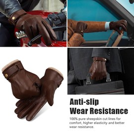 OZERO Mens Winter Gloves Nappa Leather Warm Cashmere Lined Touchscreen Texting Driving Motorcycle Gloves - Brown, M